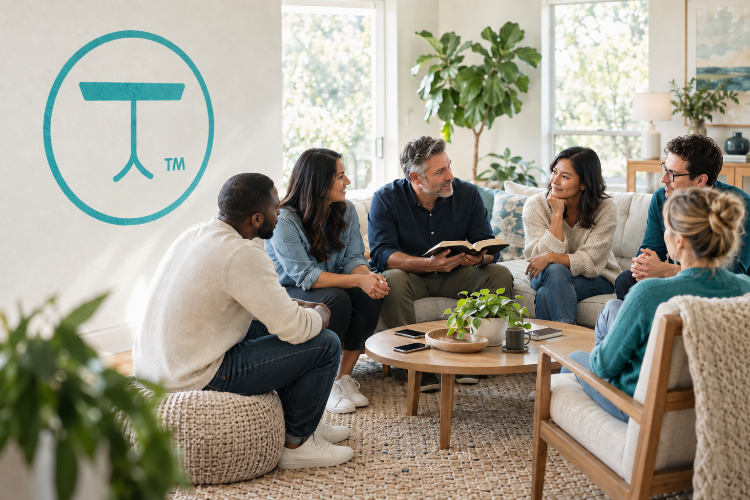 Adults connecting in a welcoming church small-group gathering